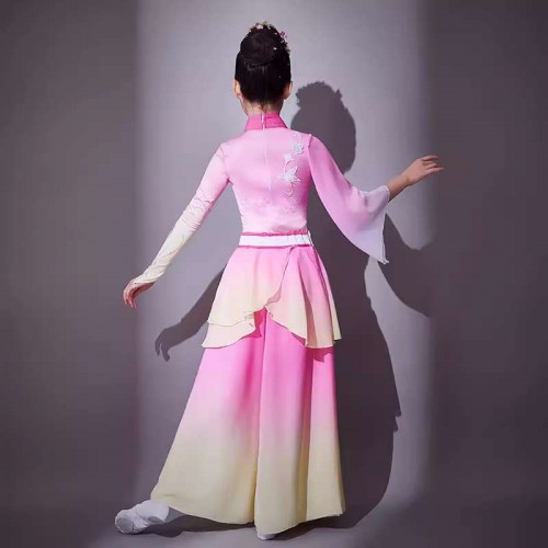 Girls pink gradient chinese folk dance dresses ancient traditonal yangge umbrella fan dance fairy hanfu competition stage performance skirts